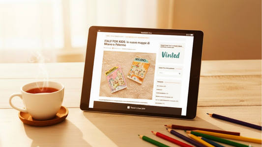 Tablet con la recensione a 5 stelle delle mappe ItalyForKids di Milano e Palermo sul blog Il Mondo di Chri, affiancato da una tazza di tè fumante e matite colorate, con luce calda e vivida del sole.