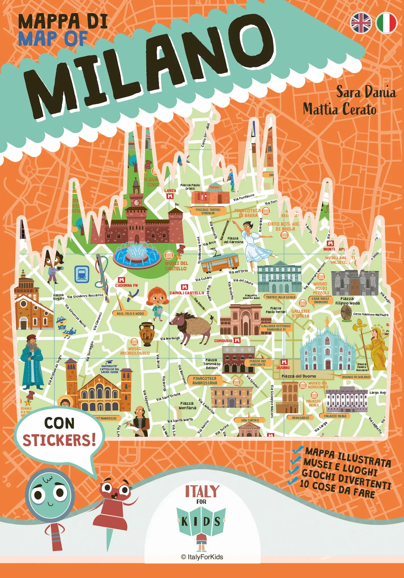 "Copertina mappa di Milano illustrata con adesivi per bambini