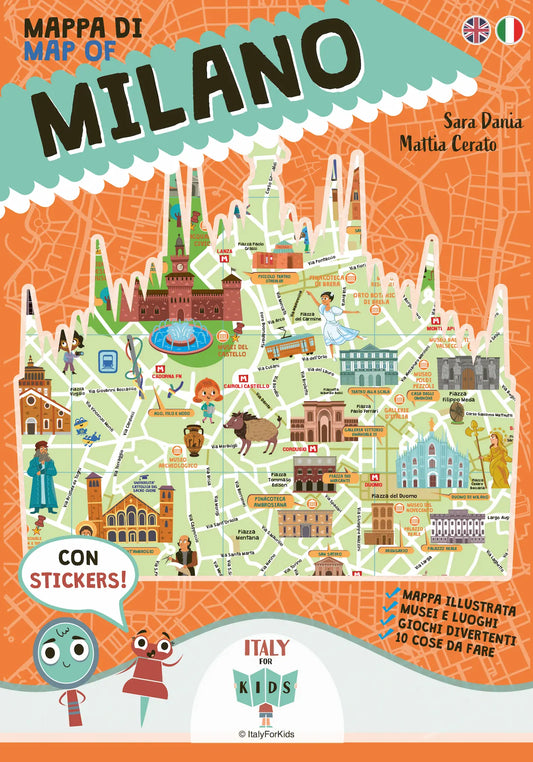 "Copertina mappa di Milano illustrata con adesivi per bambini