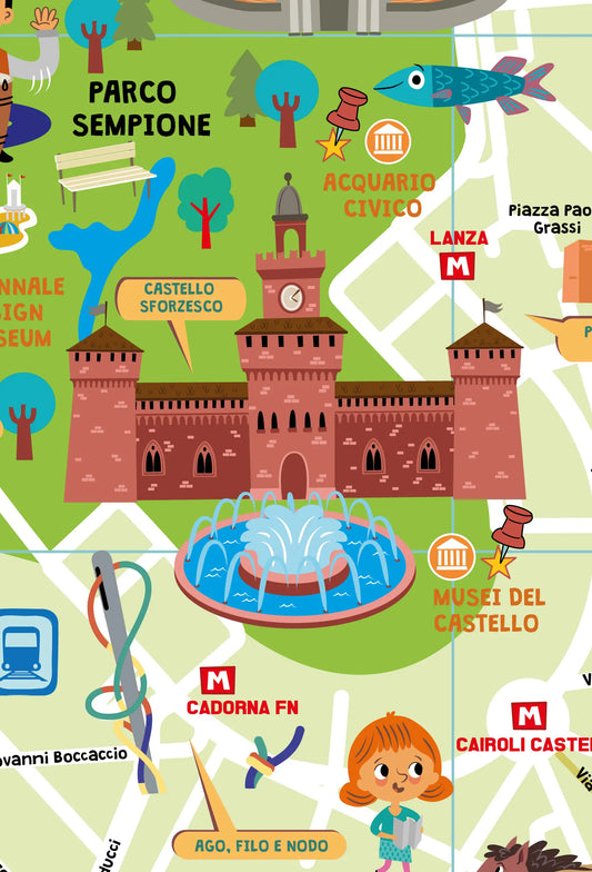 Dettaglio interno mappa di Milano illustrata con adesivi per bambini