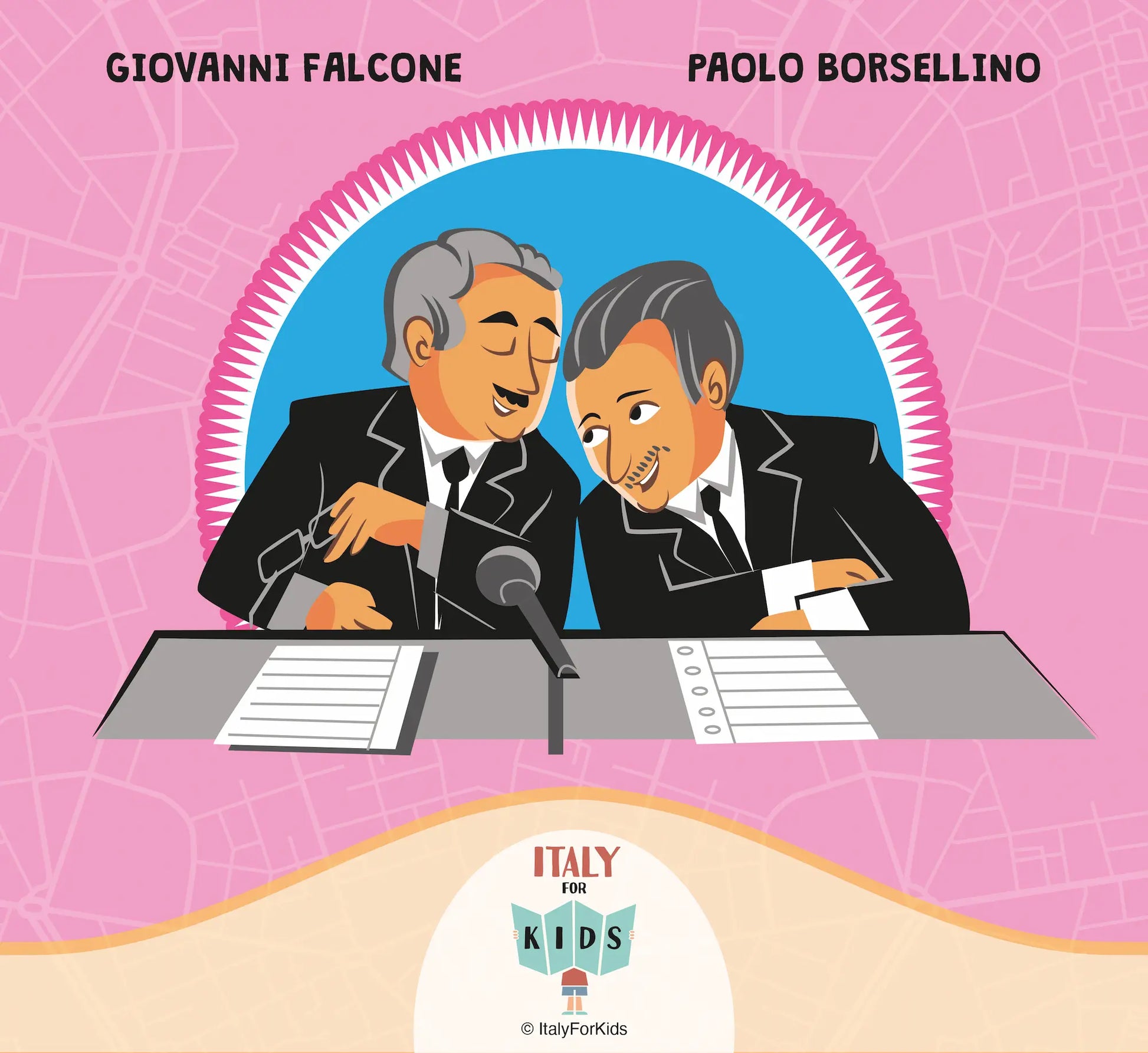 Cartolina illustrata di Falcone e Borsellino per bambini - mappa di Palermo