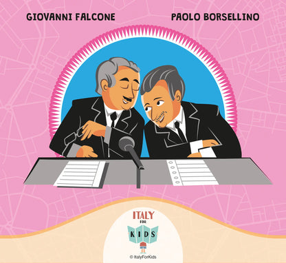 Cartolina illustrata di Falcone e Borsellino per bambini - mappa di Palermo