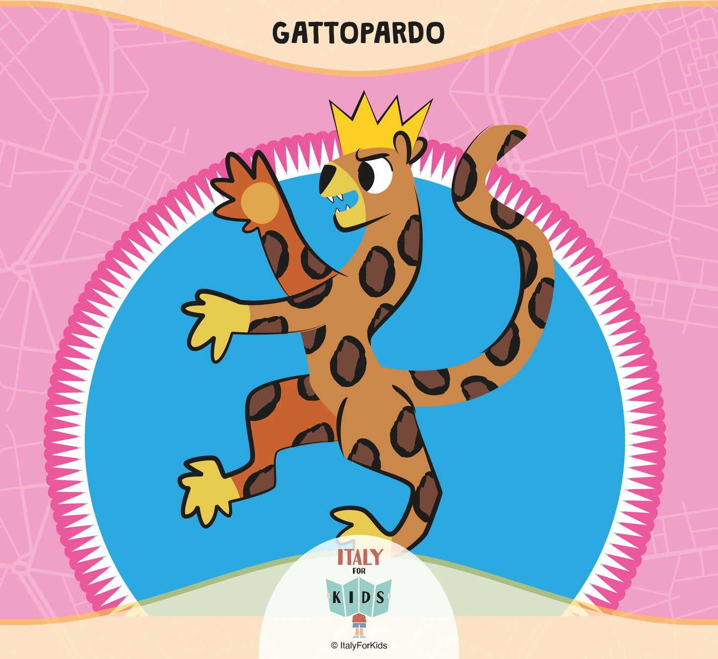Cartolina illustrata del Gattopardo per bambini - mappa di Palermo