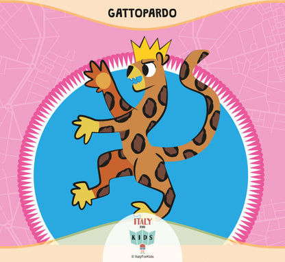 Cartolina illustrata del Gattopardo per bambini - mappa di Palermo