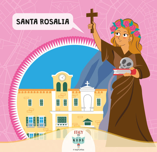Cartolina illustrata di Santa Rosalia per bambini - mappa di Palermo